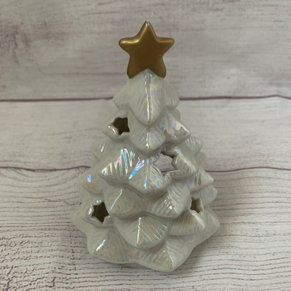 Vintage American Greetings White Iridescent Ceramic Christmas Tree Candle Holder